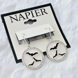 Napier Silver Tone Full Moon Flying Bat Halloween Pave Leverback Earrings NEW - Picture 1 of 5