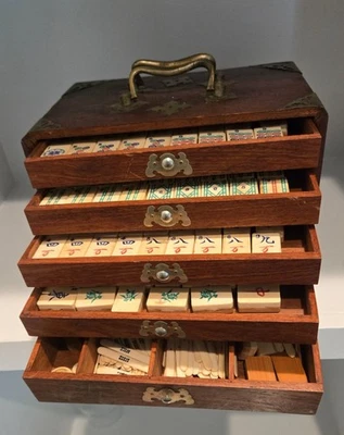 Mah Jong Vintage Antique Wooden Box Brass Hardware Rare - Image 1 of 4