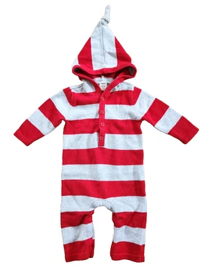 Old Navy 6-12 Month Red Gray Stripe Knit Sweater Jumpsuit Overall Knot Hood - Image 1 of 4