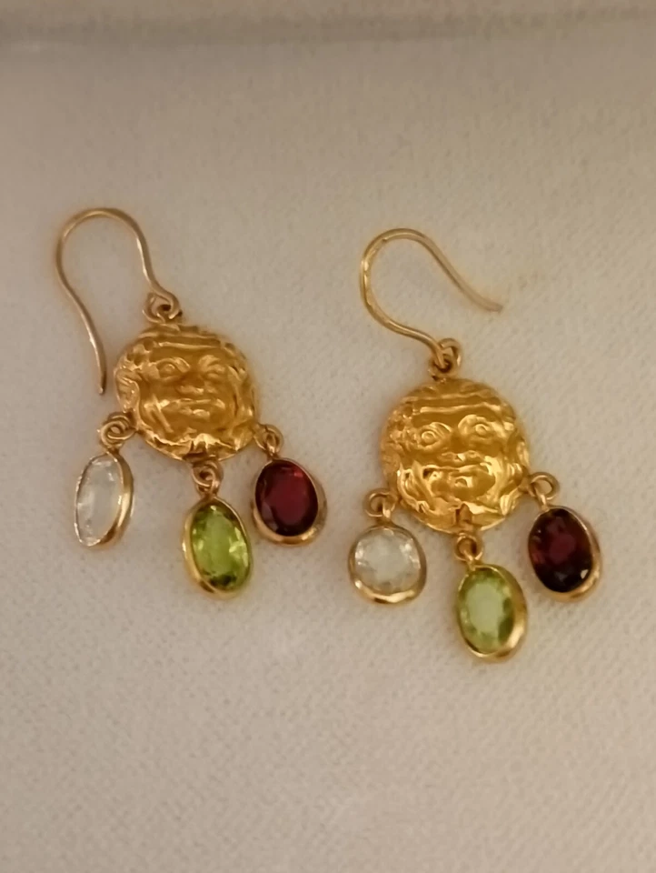 Orecchini In Oro Giallo 18 Kt Con Acqua Marina, Avventurina E Granato - Immagine 1 di 3