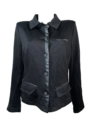 CAbi Jacket Size L 3376 Black Tudor Ponte Knit Faux Leather Trim Button Blazer Foto 1 de 4