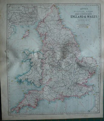 1883 LETTS MAPA INGLATERRA GALES FERROCARRIL ESTADÍSTICO FARO DE MANCHESTER Liverpool Foto 1 de 4