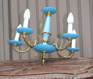 Vintage turquoise Blue metal brass chandelier 1960 mid century