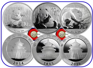 2014, 2015, 2016 10 Yuan Silver Chinese Panda 3 Coin China Typeset - Picture 1 of 4