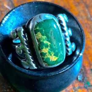 Anello fascia Navajo argento lingotto UOMO 1900 MIGLIOR Cerillos giallo e verde turchese - Foto 1 di 9