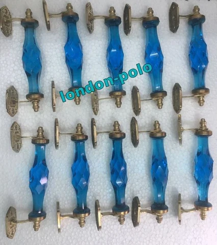 Blue Color New 10 Pcs Antique Vintage  Style Crystal Cut Glass Brass Door Handle Cover