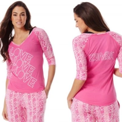Camiseta raglán Zumba Wear para mujer pequeña con cuello en V rosa mangas en el codo "LOVE" NUEVA SIN ETIQUETAS Foto 1 de 4