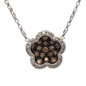 Designer 18K White Gold Champagne & White Diamond Flower Cluster Necklace - Picture 1 of 12
