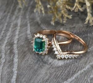 2.70Ct Lab Created Green Emerald Round CZ Wedding Bridal 925 Silver Ring Set
