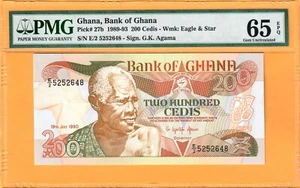 GHANA-200 CEDIS-1990-PICK 27b-SERIAL NUMBER 5252648 **PMG 65 EPQ GEM UNC** - Picture 1 of 2