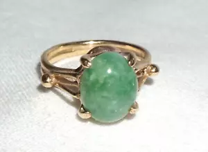 Vintage Chinese 14k Yellow Gold Ring Sz.4 set w. Green Jadeite Jade Cab (BrM)L3 - Picture 1 of 9
