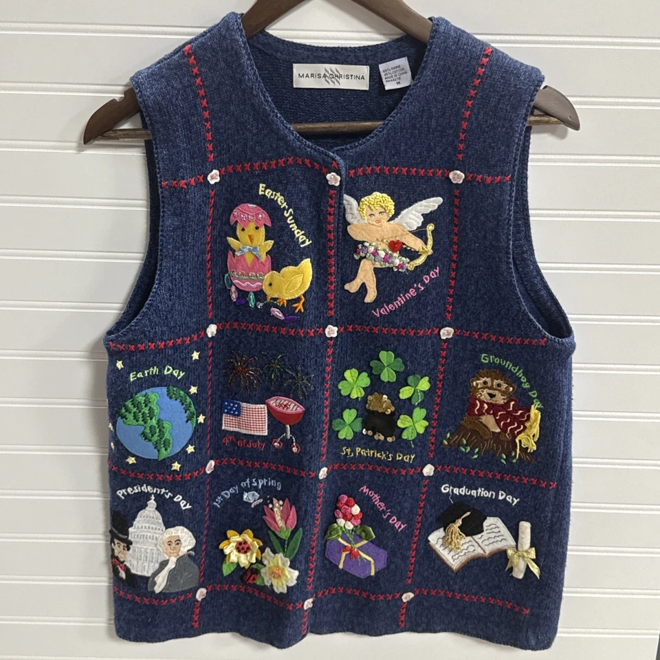 Lindo chaleco vintage de profesor de temporada de vacaciones múltiples Marisa Christina para mujer talla M Foto 1 de 4