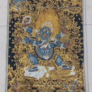 Mahakala Thangka tibetano nero oro Nepal ricamo a mano 24x36" - Foto 1 di 6