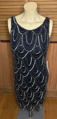 Vestido sin mangas Pisarro Nights azul marino transparente con cuentas lentejuelas Gatsby talla 2 nuevo con etiquetas Foto 1 de 4