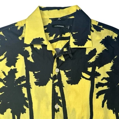 J Lindeberg Men's Yellow & Black Palm Hawaiian Button Down Camp Shirt Medium - Image 1 of 4