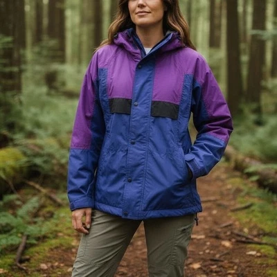 Винтажный 90-х LL Bean женщин средний фиолетовый Colorblock ветровка длинная куртка капюшон - Изображение 1 из 4