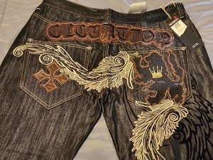 NUEVO CON ETIQUETAS ~ Y2K Pantalones de mezclilla bordados Imperious Delf Trading Co 38 x 34 negros holgados - Imagen 1 de 15