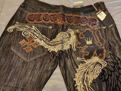 NUEVO CON ETIQUETAS ~ Y2K Pantalones de mezclilla bordados Imperious Delf Trading Co 38 x 34 negros holgados Foto 1 de 4