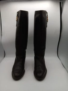 Salvatore Ferragamo Gancini Logo schwarz Leder Fersea Reiten hohe Stiefel Größe 8B - Bild 1 von 13
