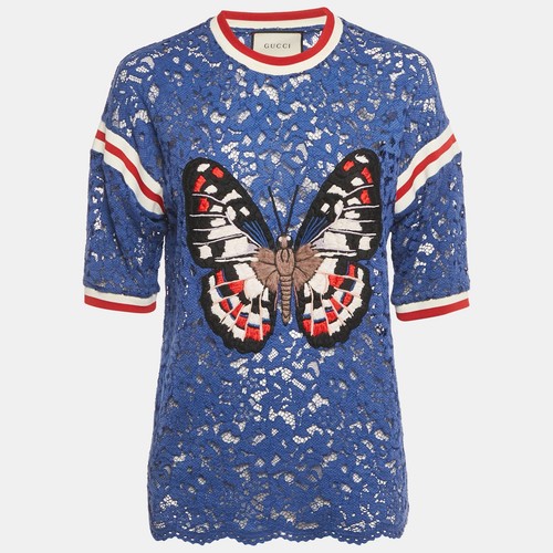 T shirt girocollo Gucci blu con applicazioni a farfalla in pizzo L