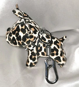Frenchie Bulldog Faux Leather Leopard Print Bag Charm Keychain NWOT Silvertone - Picture 1 of 10