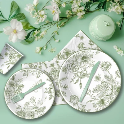Platos y servilletas de papel florales verde salvia decoraciones, elegantes verdes blancos T... Foto 1 de 4