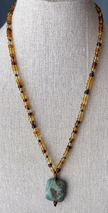 925 Single Strand glass Amber beads Turquoise drop Necklace 17” Womens - Picture 1 of 4