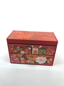 Vtg Japanese red floral painted small Jewelry chest box mirror Dresser Style - Picture 1 of 6