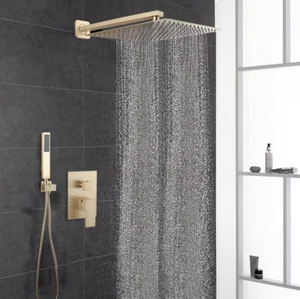 Juego de grifo mezclador de ducha cuadrado de montaje en pared de baño de 12" dorado cepillado de 2 vías - Imagen 1 de 11