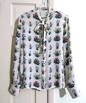 Camisa Top Valentino Floral Estampado Botánico Seda Marfil Blanco Pajarita Cuello 12 Foto 1 de 4