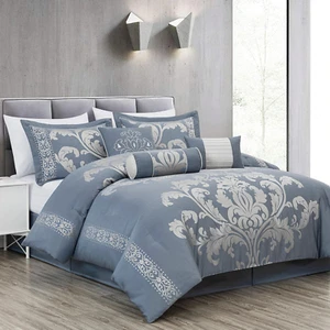 Royale 7-Piece Jacquard Floral Comforter Set, Queen, Grayish Blue/Gray - Picture 1 of 9