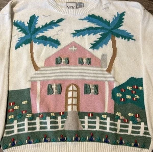 Suéter NEK (Northeast Knitters) Vintage Palmeras Dorado Niñas Betty Blanco XL - Imagen 1 de 8