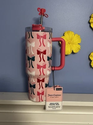 Vaso Pink Juicy Couture patrón de arco 40 oz ¡con tapa de arco! Foto 1 de 4