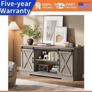Farmhouse Tv Stand for 65 Inches TV Entertainment Center with Sliding Barn Doors - Picture 1 of 18