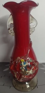 Vintage Hand blown Red White Blue Green Yellow Italian Applied Art Glass Vase - Picture 1 of 7