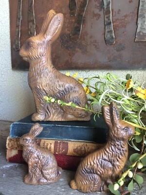 Set of 3 ~ Primitive Chocolate Bunny Rabbit Resin Mold Figurines ~ 3', 5", 8"  - Image 1 of 4