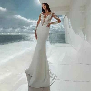 Beach Mermaid Wedding Dresses Sexy Illusion Neck Lace Applique Bridal Gowns - Photo 1/8