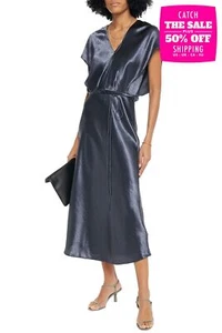 RRP €370 VINCE. Satin Midi A-Line Dress US2 UK6 IT38 XS Unlined Belted V-Neck - Picture 1 of 9