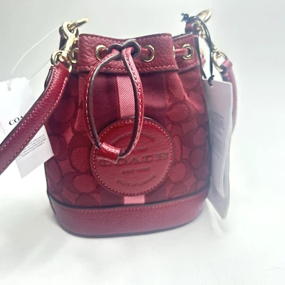 NWT Coach C8322 Mini Dempsey Bucket In Signature Jacquard w/Stripe & Patch Red - Image 1 of 4