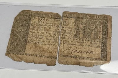1767 January 1 $4 MD-46 Continental Currency Maryland Note Four Dollars Colonial - Image 1 of 2