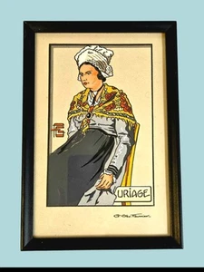 Vintage französischer Druck Geo-Fourrier Gouache Schablone sitzende schmollende Frau signiert - Bild 1 von 7