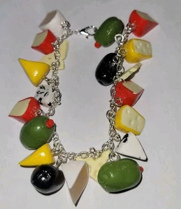 Cheese Olive Bracelet Silver Cheddar Brie Swiss Green Olive  - Picture 1 of 4