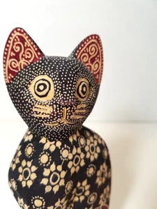 Handbemalte Batik Katze Indonesien Kunst Statue Samtoptik Stil Holzkatze 6 Zoll - Bild 1 von 9