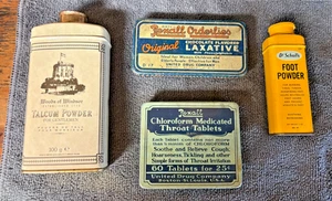 Vintage Medicinal Product Tins, Rexall Drug, Dr. Scholls, Talcum Powder Qty 4 - Picture 1 of 6