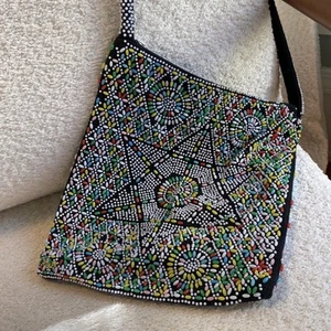 Vintage Handtasche Umhängetasche Perlen hell bunt Boho Hippie - Bild 1 von 13