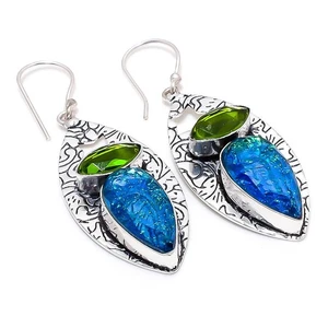 Triplet Opal, Peridot Gemstone 925 Sterling Silver Jewelry Earring 2.36 " - Picture 1 of 5
