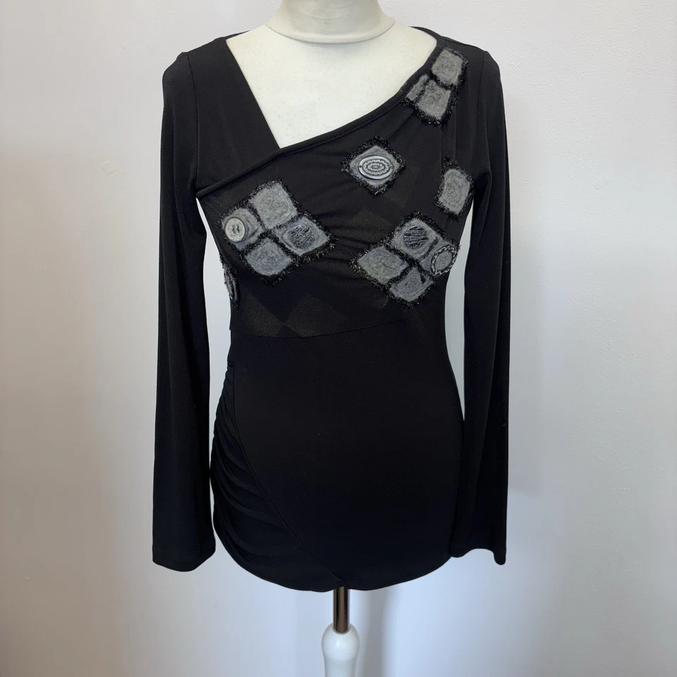 Save The Queen Топ размер средний черный V шеи текстурированный узор длинным рукавом - Изображение 1 из 4