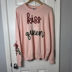 Queen of Sparkles Kiss The Queen Mistletoe Pink Sweater Women’s XL Sequin Pearls - Picture 1 of 10