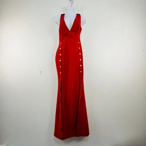 Asilio Dress Red Gold Button Accents V-Neck Sleeveless Maxi Formal Asymmetric - Picture 1 of 24