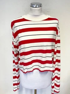 ALL SAINTS IVORY, RED STRIPE ROUND NECK LONG SLEEVED CROPPED TOP SIZE M - Picture 1 of 3